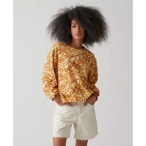 BDG Women’s Long Sleeve Crewneck Shirt Medium Yellow Brown Floral Abstract Retro - Picture 1 of 11